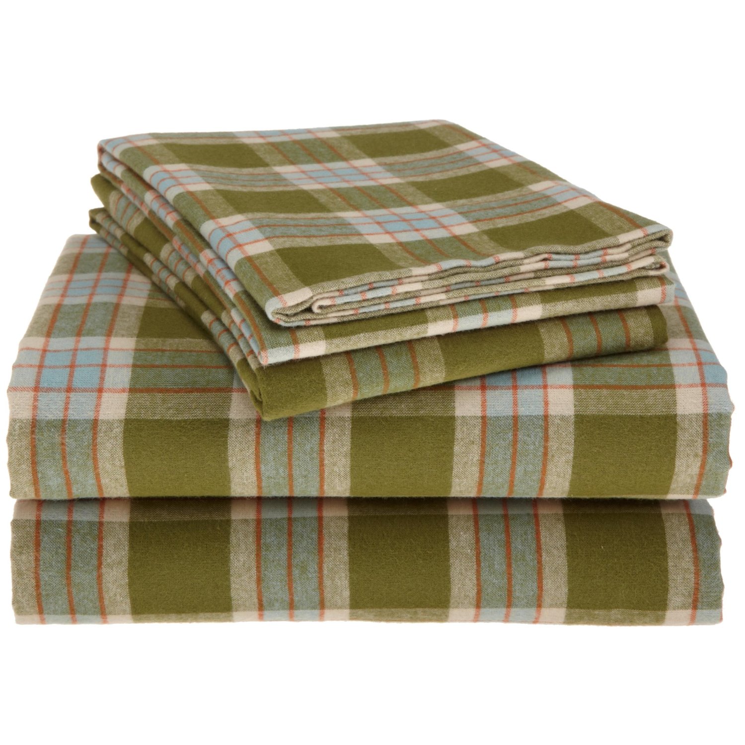 Pinzon 160-Gram Yarn-Dyed Cotton Flannel Full Sheet Set, Green/Orange Plaid