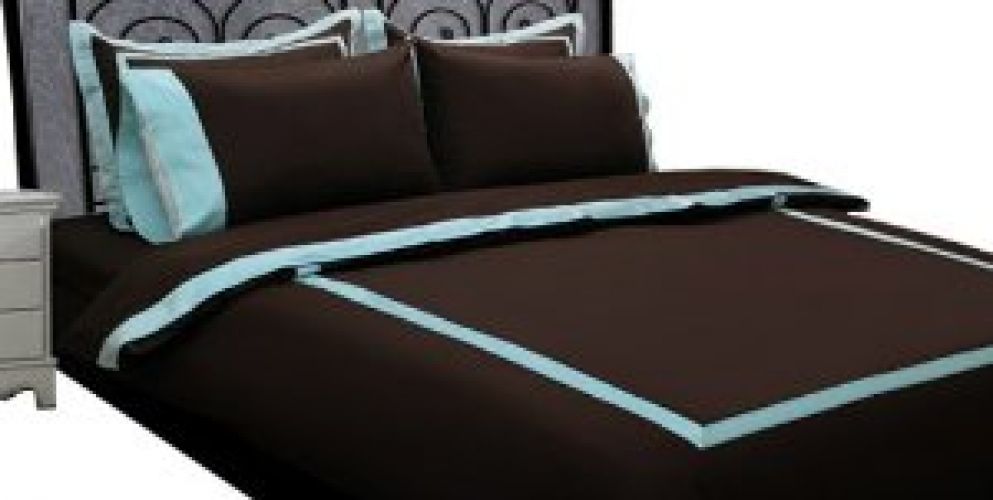 Gramercy Park Banded Border Percale 300 Thread Count Cotton Full/Queen Duvet Cover Set, Aqua / Chocolate