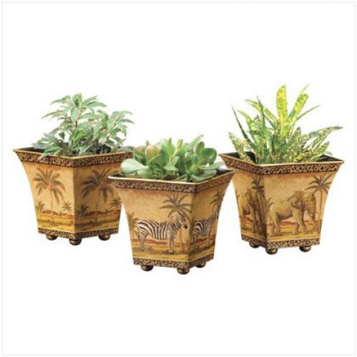 3 Garden Pots Safari Scenes Flower Tin Planter Plant