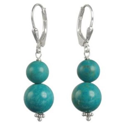 Sterling Silver Lever Back Stabilized 10mm and 8mm Turquoise Bead Snowman Drop Earrings