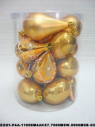 Christmas Ornaments Set of 18pc Gold Mat Painted Shiny Decorated Glitter Balls 6 Onion, 6 Egg and 6 Pear Shapes