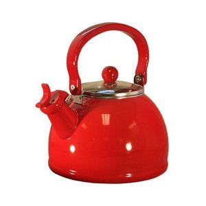 Calypso Basics 2.2 Quart Enamel-on-Steel Whistling Teakettle with Glass Lid, Red