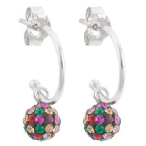 Sterling Silver Charm Hoop Earrings with Bright Multiple Colored Crystal Balls