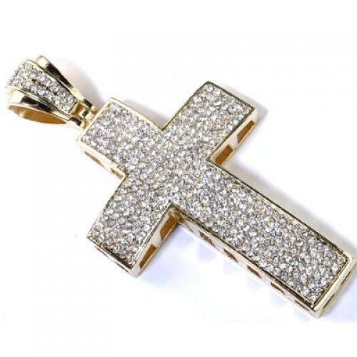 18k Yellow Gold Plated CZ Cubic Zirconia Hip Hip Iced Micro Pave Mens Religious Cross Pendant