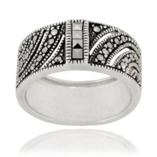Sterling Silver Marcasite Square Cut Wide Band Ring, Size 9