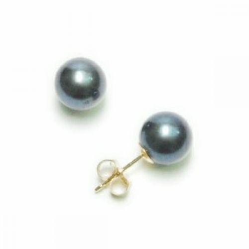 14k Yellow Gold 8x8.5mm AA Black Freshwater Cultured Pearl Stud Earrings