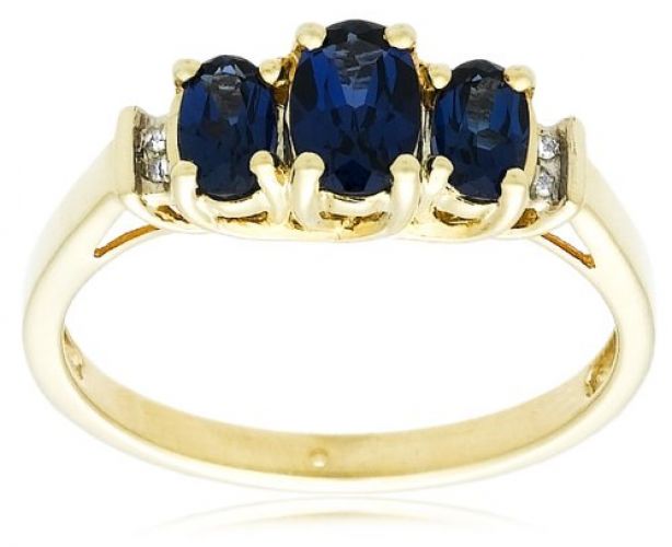 10k Yellow Gold September Birthstone 3-Stone Created Sapphire with Diamond-Accent Ring, Size 7