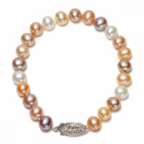 Sterling Silver Natural Pastel Multi-Color Freshwater Cultured Pearl A Grade 7.5-8mm Bracelet, 8"