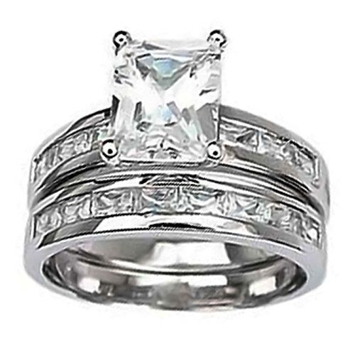 Bling Jewelry 2.5 ct Emerald-Cut Solitaire CZ Engagement Wedding Ring Set w/ Baguette Sz-8