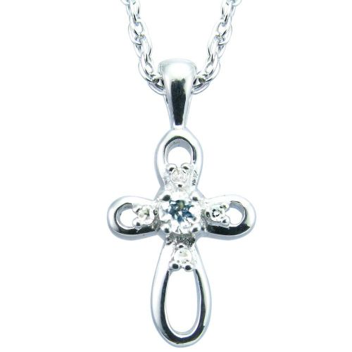 Children's Sterling Silver White Topaz Cross Pendant, 13"