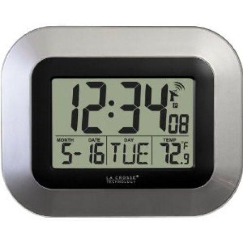 La Crosse Technology WT-8005U-S Atomic Digital Wall Clock with Indoor Temperature, Silver