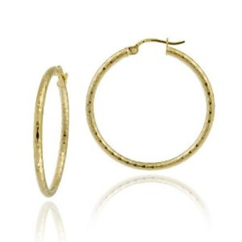 18k Yellow Gold Plated Sterling Silver Diamond-Cut 2x30 Clicktop Hoop Earrings