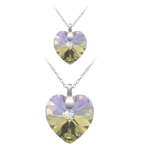 Sterling Silver Mother and Daughter Arora Borealis Swarovski Element Heart Pendants, 18", set of 2