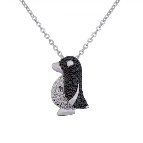 Brass and Rhodium Plated Gunmetal Color Diamond Accent Penguin Pendant, 18"