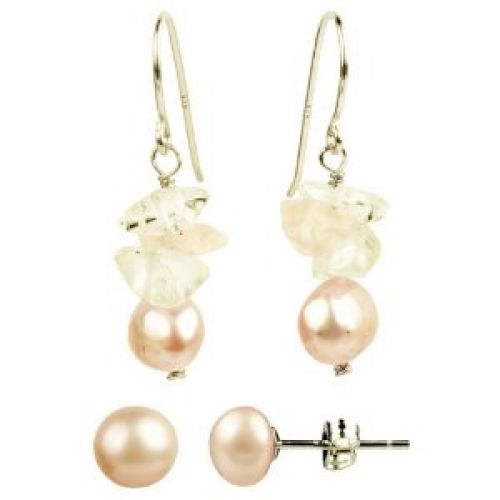 Sterling Silver Rose Quartz and Pink Freshwater Cultured Pearl Earrings Set (6-7mm), 2 Pairs