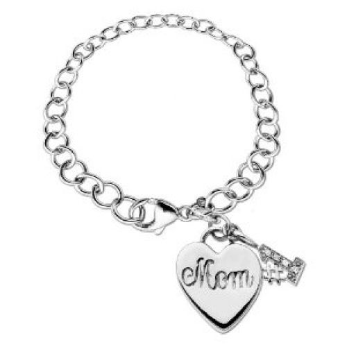 Sterling Silver #1 Mom Charm Link Bracelet (.02 cttw, I-J Color, I2-I3 Clarity), 7.5"