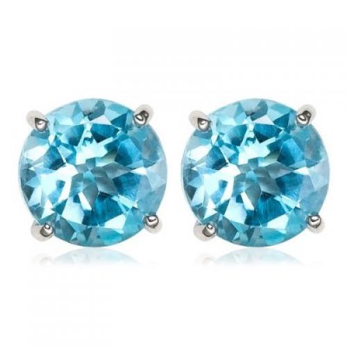 14k White Gold 7mm Round Swiss Blue Topaz Stud Earrings